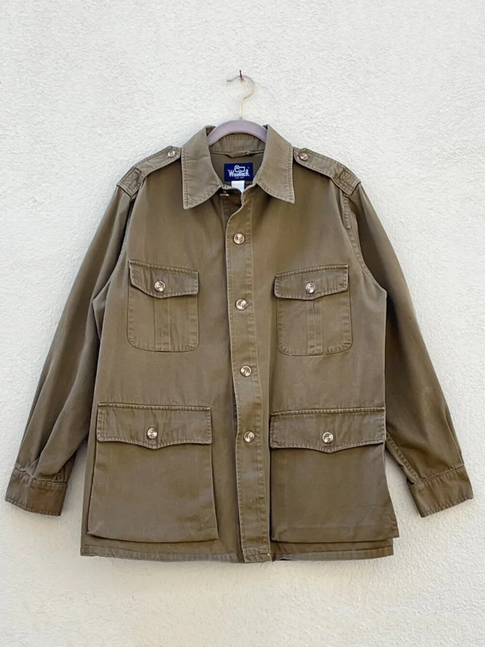Vintage Mens Woolrich Khaki Belted Lightweight Safari Utility Field Jacket Coat
